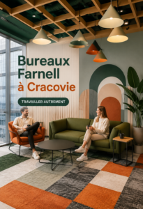 Vue des bureaux Farnell à Cracovie avec un design moderne et accueillant.