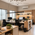 Un bureau esthétique avec des plantes et des fournitures bien organisées.