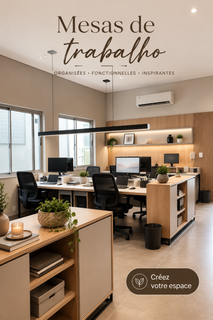 Un bureau esthétique avec des plantes et des fournitures bien organisées.