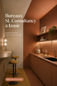 Vue d'ensemble des bureaux modernes de SL Consultancy à Izmir, mettant en avant l'architecture et le design