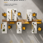 Exemple d'impression graphique sur support en bois, montrant la texture naturelle.
