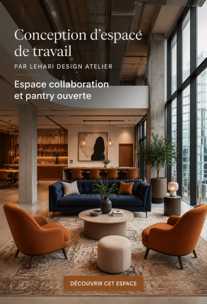Coin détente au bureau avec espace de collations et décor cosy