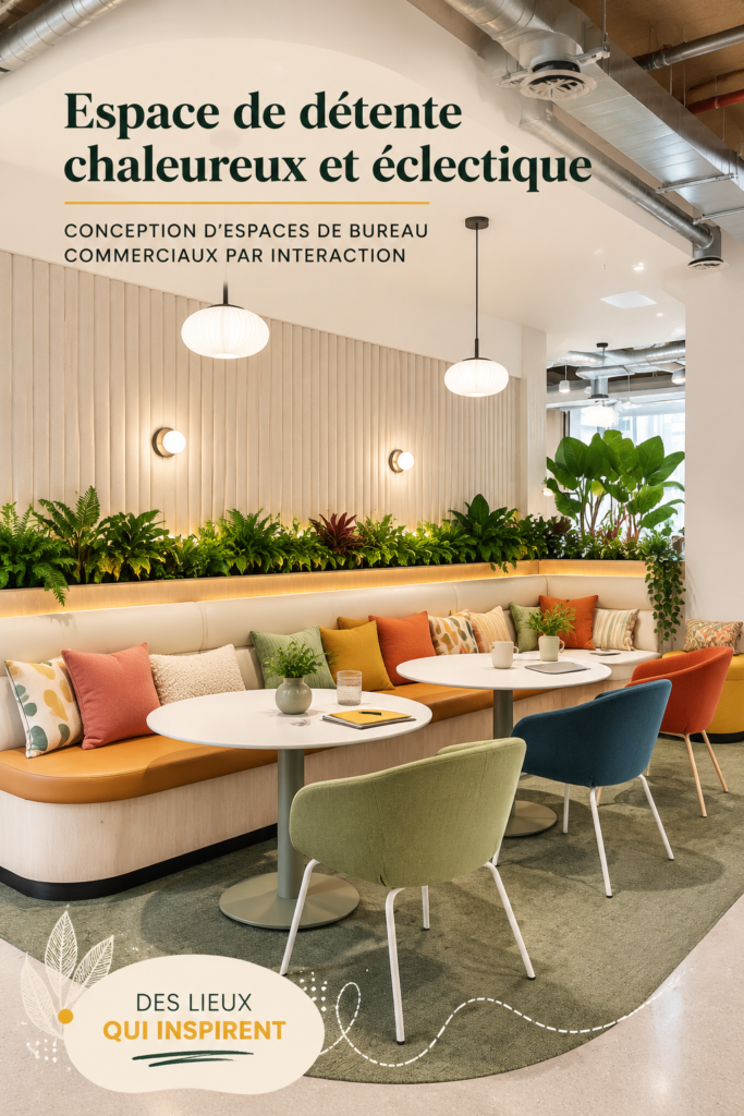 Un bureau cosy et éclectique avec des fauteuils confortables et des plantes.