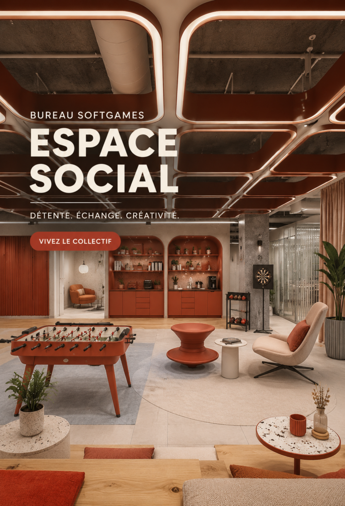 Espace de détente au bureau aménagé avec des canapés et des plantes, favorisant la convivialité et le bien-être.