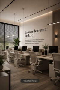Un bureau de travail moderne et luxueux, décoré avec soin.