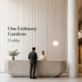 Vue du lobby d'One Embassy Gardens, un espace moderne et accueillant.