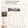 Capture d'écran d'un modèle Notion pour l'apprentissage des langues, illustrant des leçons organisées.