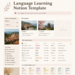 Capture d'écran d'un modèle Notion pour l'apprentissage des langues, illustrant des leçons organisées.