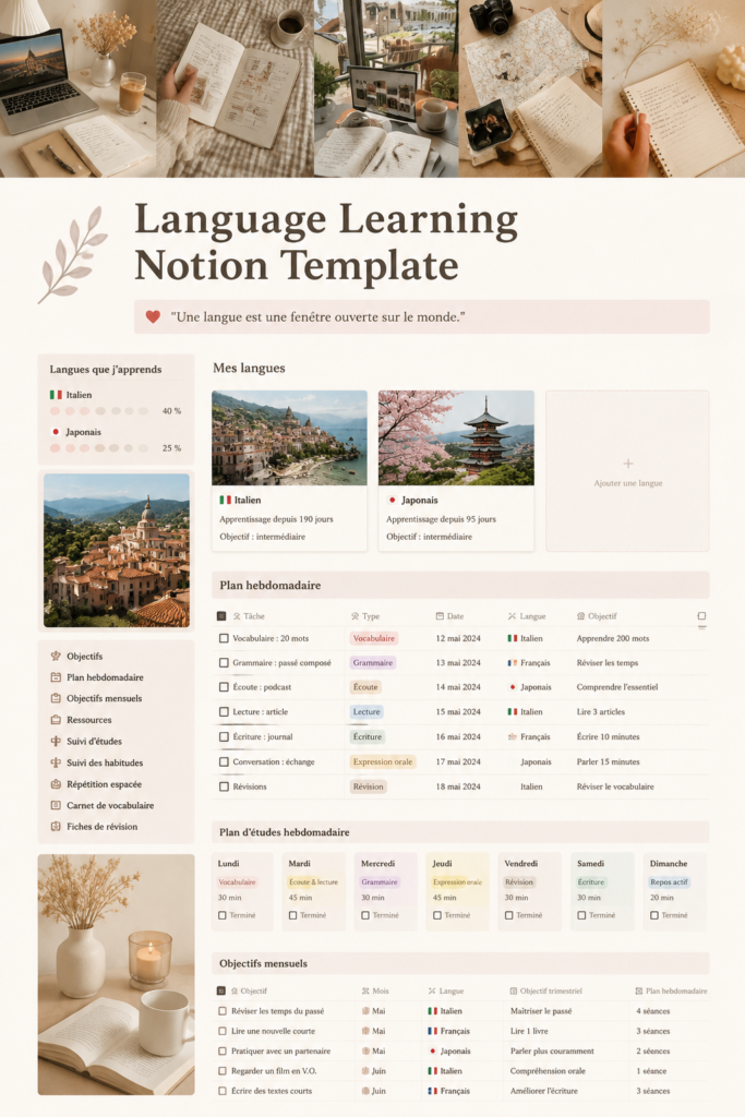 Capture d'écran d'un modèle Notion pour l'apprentissage des langues, illustrant des leçons organisées.