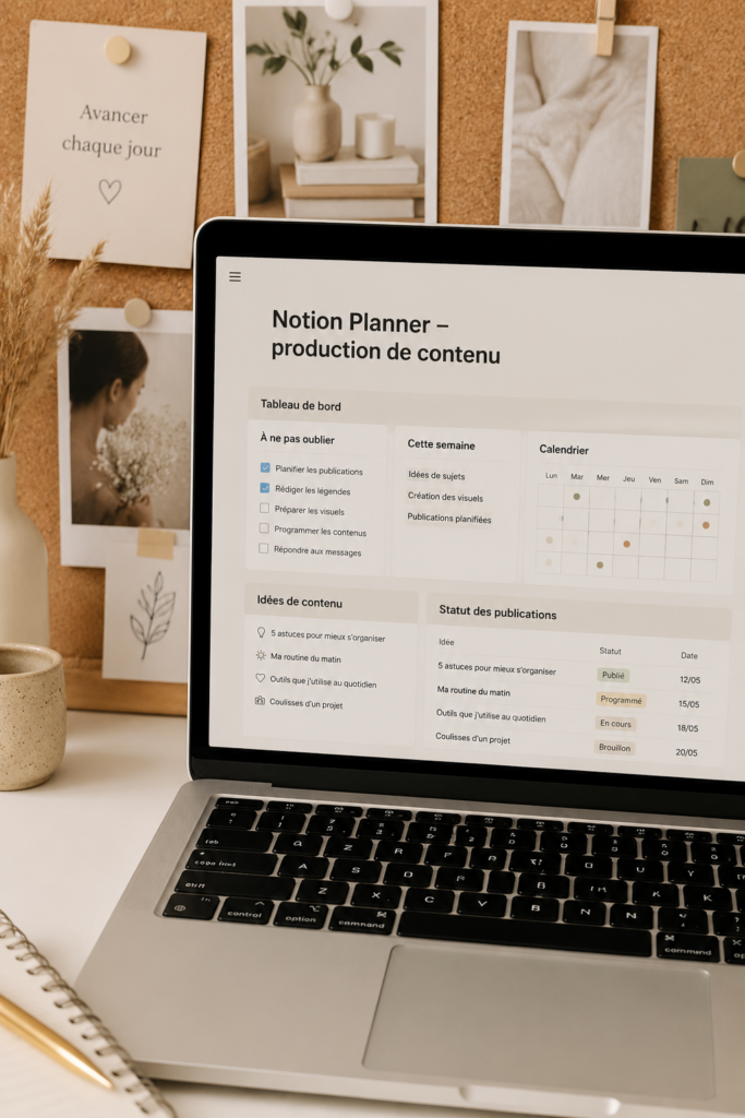 Capture d'écran de Notion avec un calendrier de contenu en cours de création.