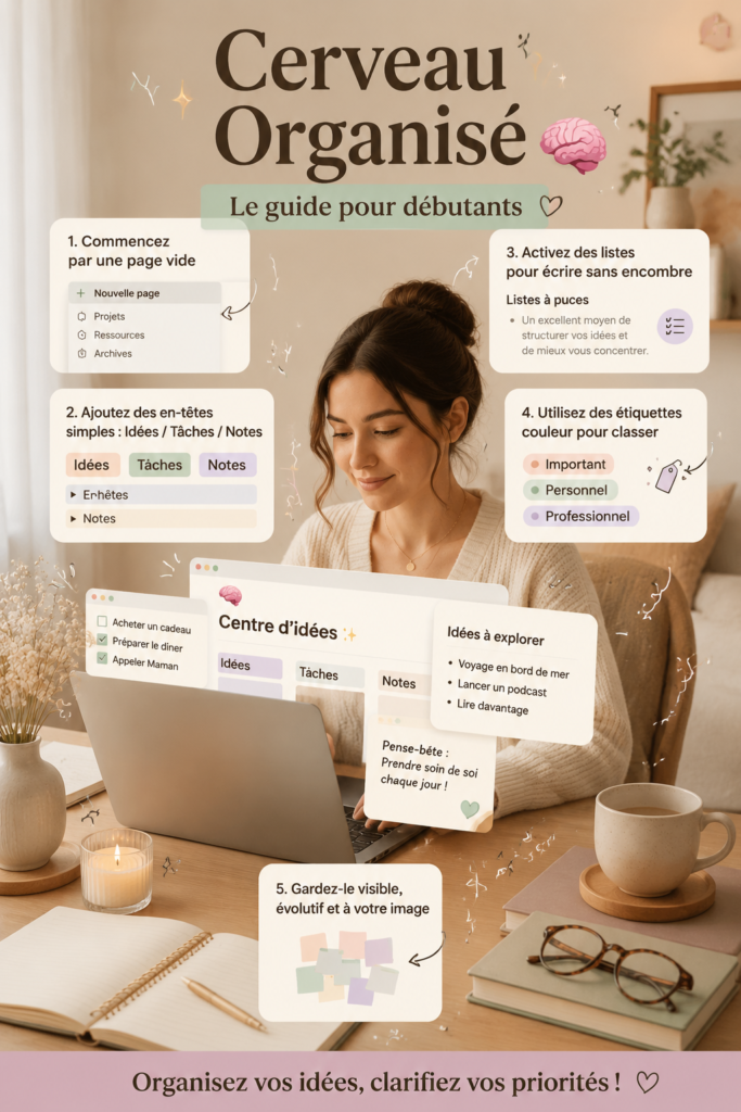 Capture d'écran d'un espace de travail Notion bien organisé avec des sections pour le Brain-Dump.