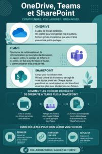 Capture d'écran de l'interface de Teams et SharePoint utilisés ensemble pour la collaboration.