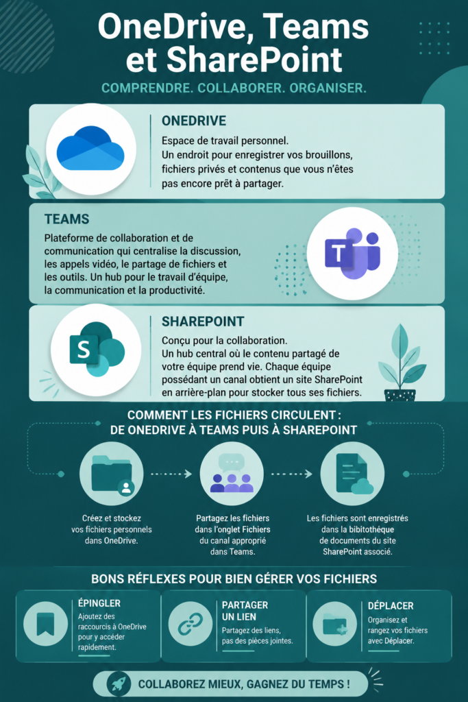 Capture d'écran de l'interface de Teams et SharePoint utilisés ensemble pour la collaboration.