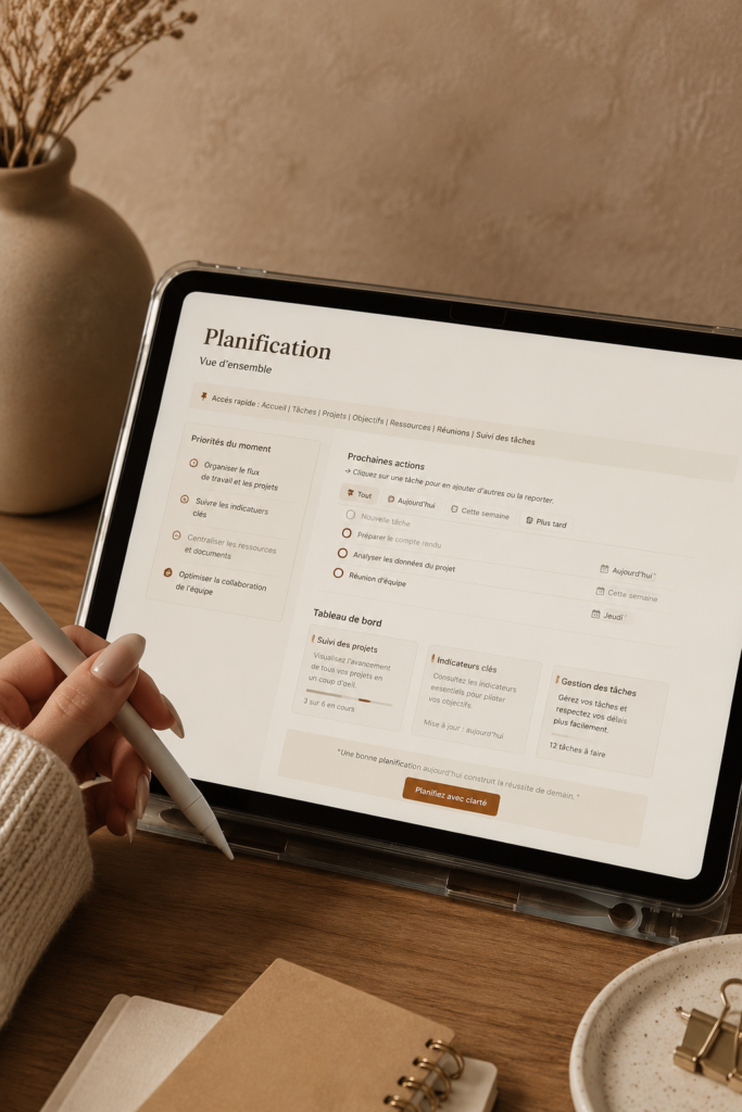 Capture d'écran d'un planning créé dans Notion, organisé et coloré, représentant l'efficacité