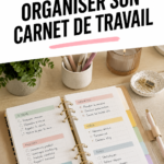 Carnet de travail bien organisé avec des notes colorées et des surligneurs
