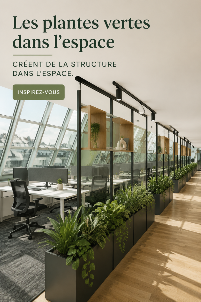 Un intérieur lumineux avec des plantes vertes créant une ambiance accueillante et structurée.