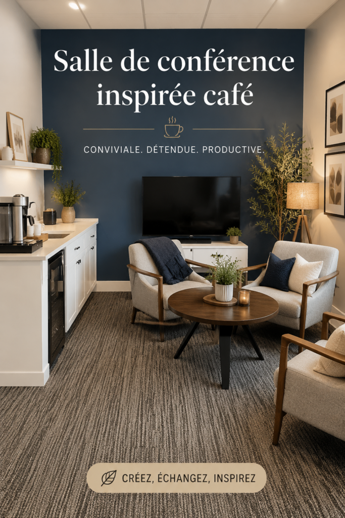 Salle de réunion inspirée par un café, avec des sièges confortables et des décorations chaleureuses.
