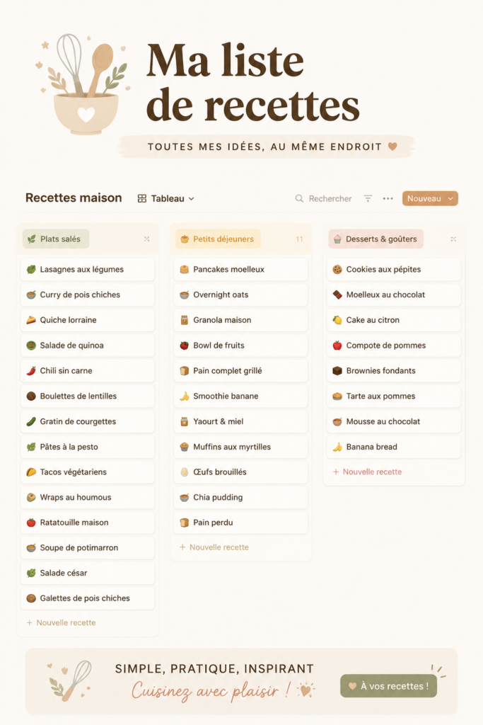 Capture d'écran de l'application Notion avec plusieurs recettes organisées.