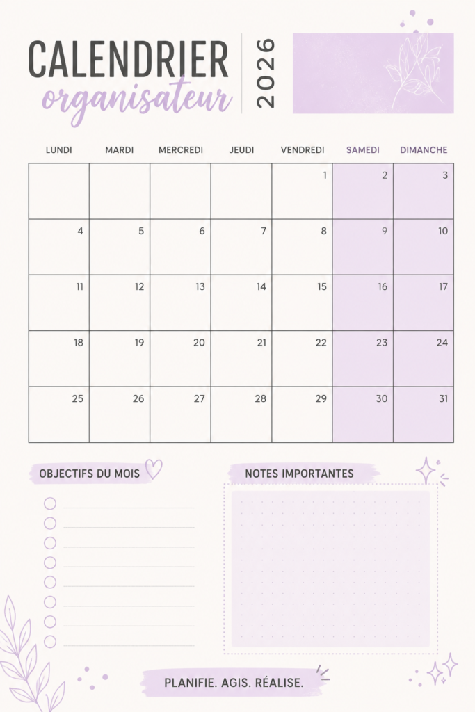 Un calendrier 2026 sur un bureau avec des notes et des stylos.