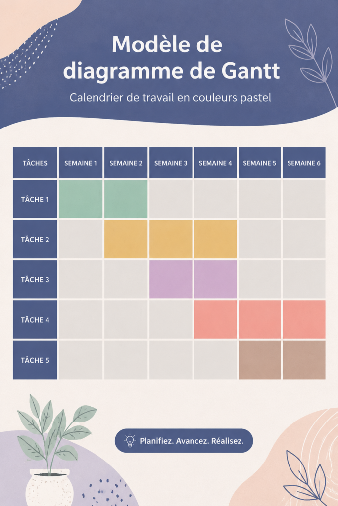 Calendrier de travail avec un diagramme Gantt en pastel sur un bureau