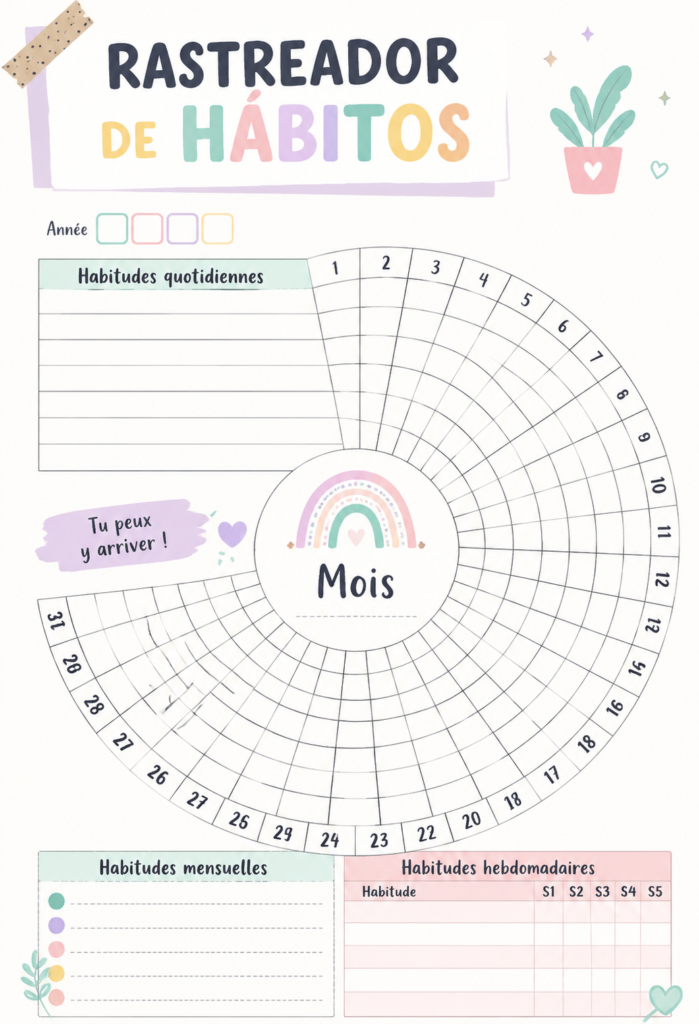 Un carnet ouvert avec des stylos colorés, avec un design inspirant pour suivre des habitudes.