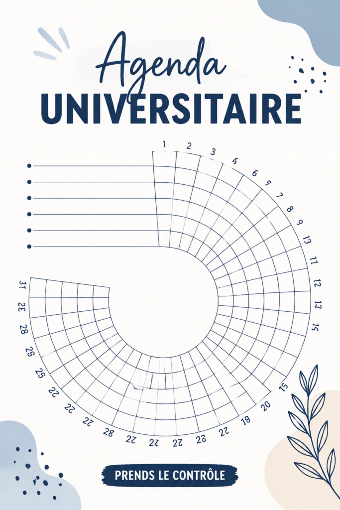 Une femme souriante regardant son agenda numérique sur une table, entourée d'éléments de bureau.
