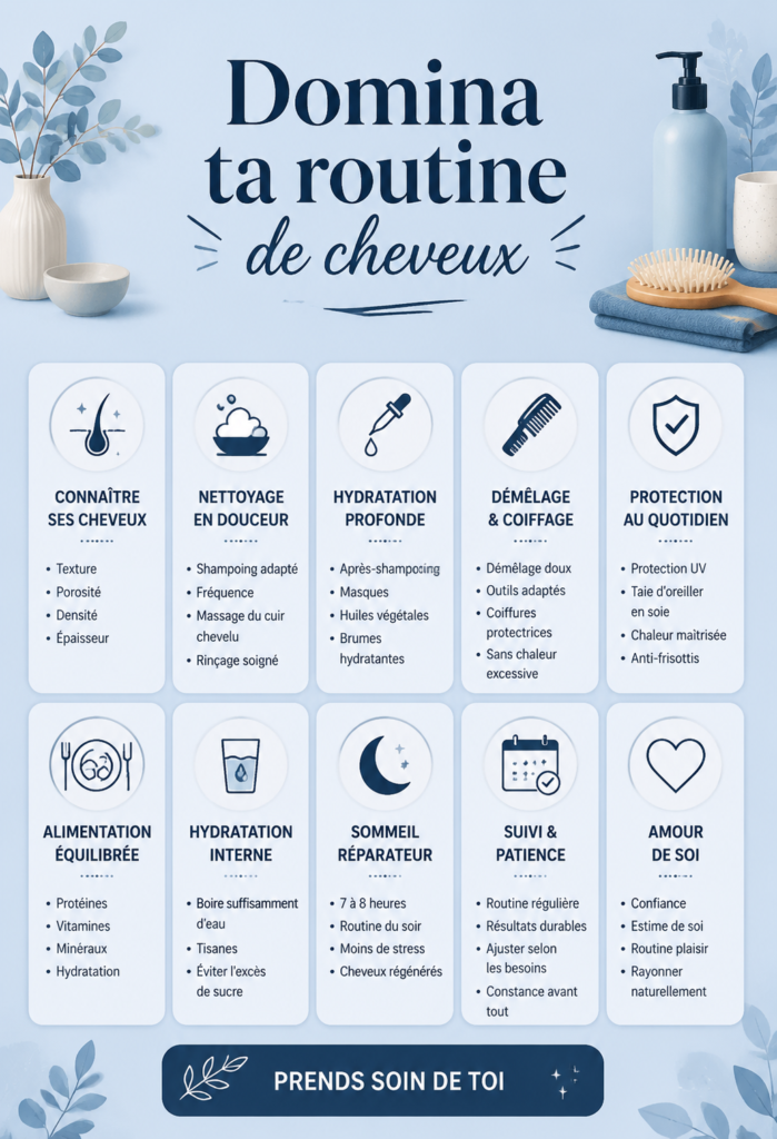 Femme ayant une chevelure éclatante avec une routine capillaire bien définie.