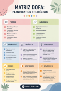 Illustration de la matrice SWOT avec ses quatre quadrants : Forces, Faiblesses, Opportunités, Menaces.