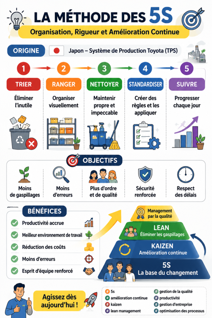 Espaces de bureau organisés selon la méthode 5S pour une meilleure productivité
