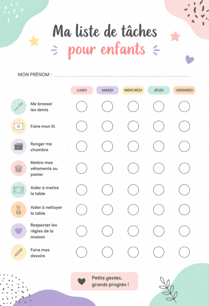 Modèle de liste de tâches imprimable pour enfants