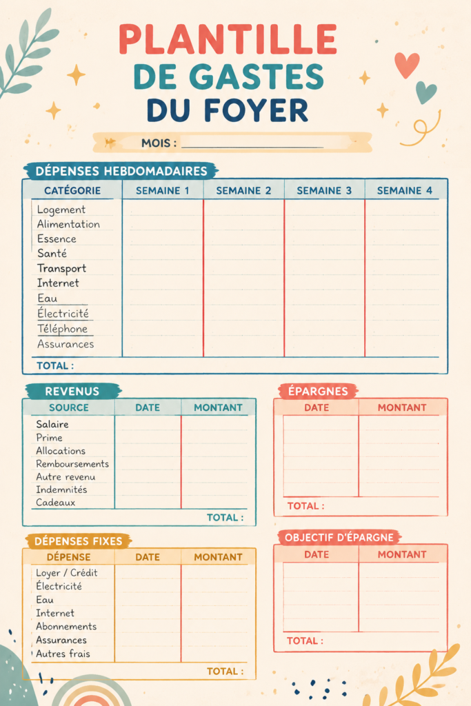 Modèle de budget familial sur une table avec des notes et un ordinateur portable
