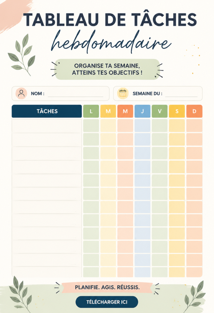 Modèle de tableau de tâches hebdomadaire pour une meilleure organisation