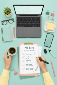 Main tenant un stylo sur un carnet avec des listes d'objectifs