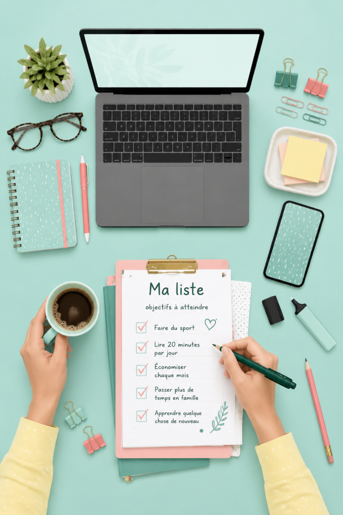 Main tenant un stylo sur un carnet avec des listes d'objectifs