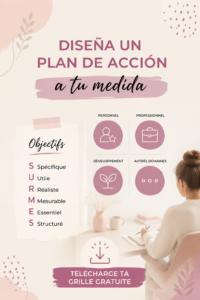 Une femme réfléchissant à son plan d'action personnalisé sur un carnet