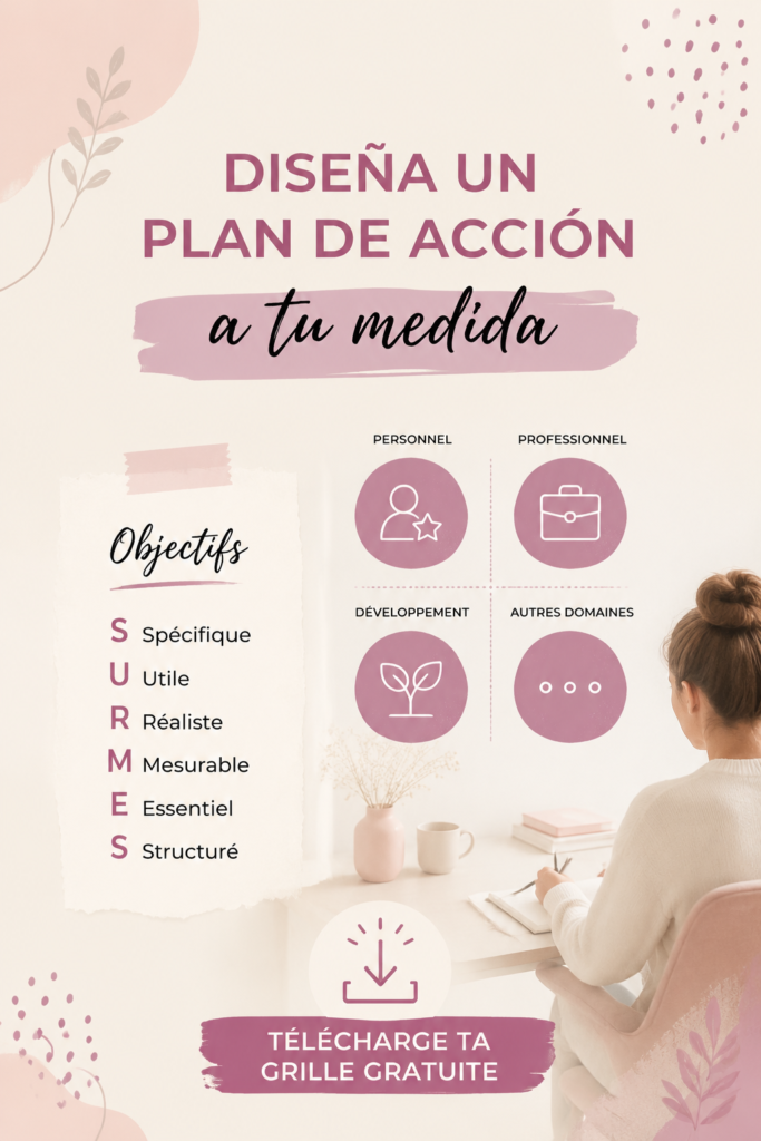 Une femme réfléchissant à son plan d'action personnalisé sur un carnet