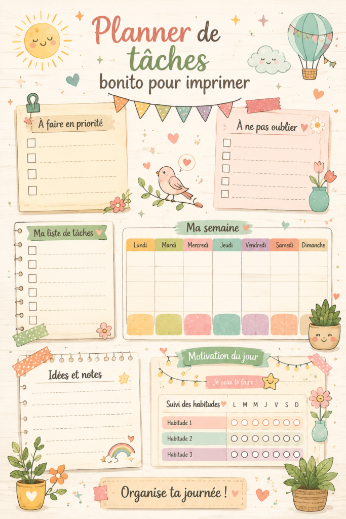 Une image présentant un planner de tâches imprimable décoré avec des fleurs et des stylos colorés.