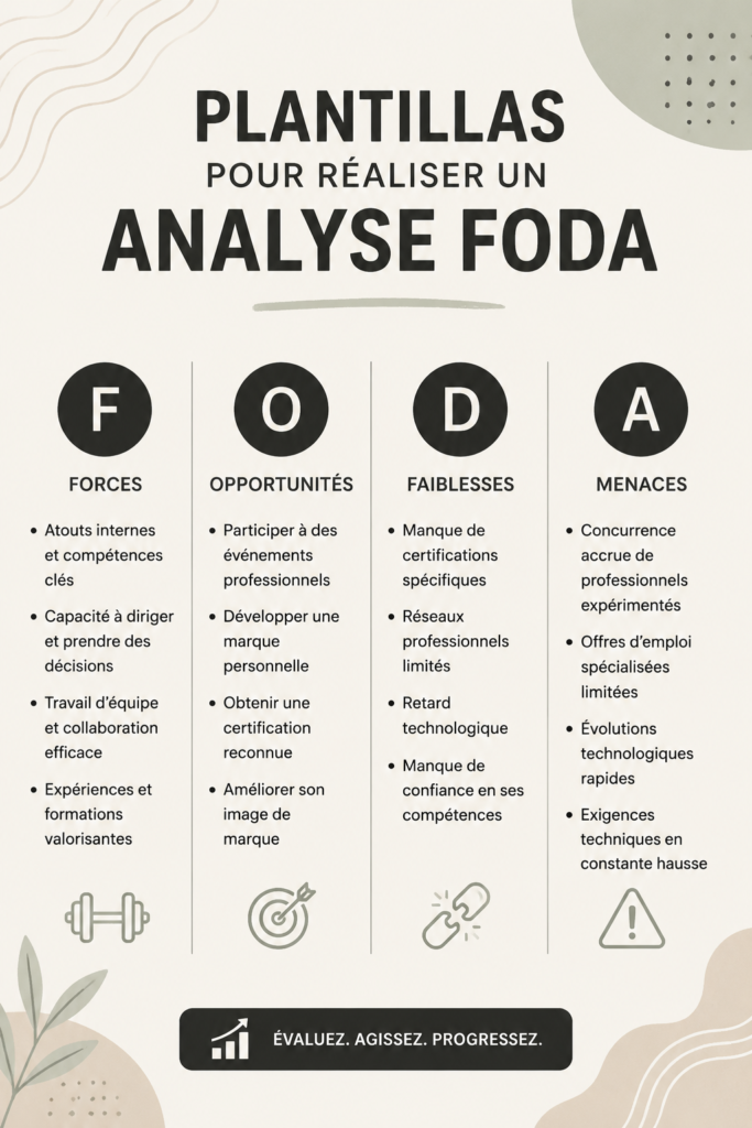 Image d'une femme analysant une analyse FODA sur un tableau
