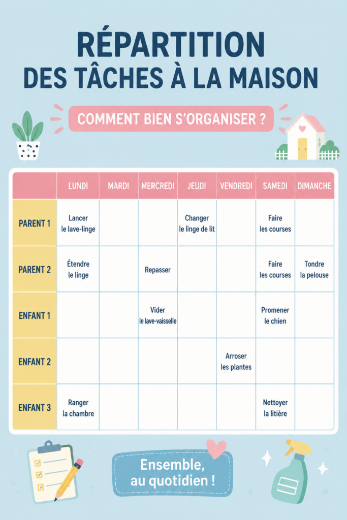 Famille réunie autour d'une table proposant un plan de répartition des tâches à la maison