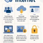 Une femme naviguant sur Internet en toute sécurité, avec des éléments de cybersécurité en arrière-plan.