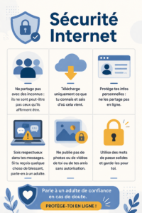 Une femme naviguant sur Internet en toute sécurité, avec des éléments de cybersécurité en arrière-plan.