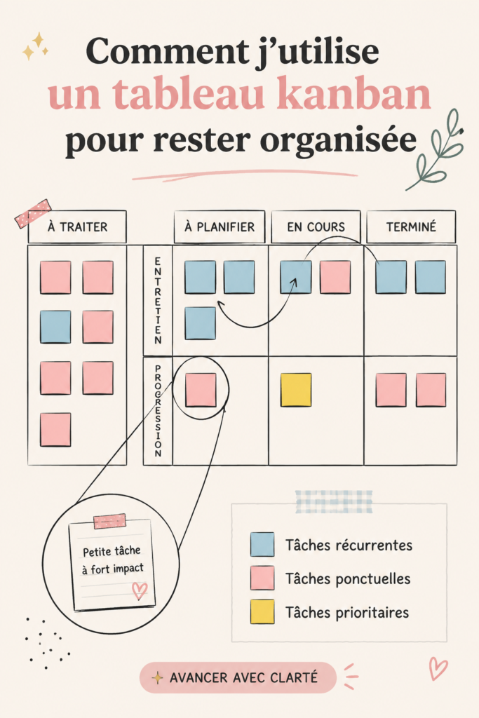 Tableau Kanban sur un bureau avec des cartes colorées représentant des tâches à réaliser.