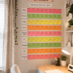 Un joli tableau de révision mural avec des notes colorées et des photos motivantes