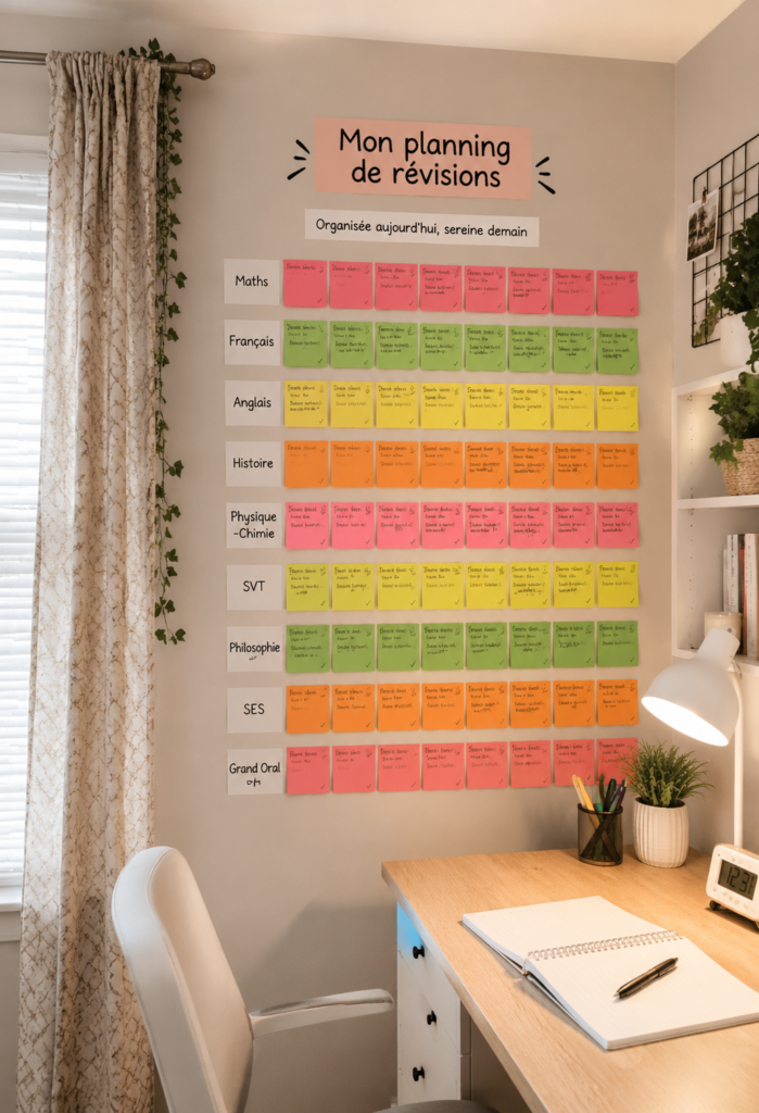 Un joli tableau de révision mural avec des notes colorées et des photos motivantes