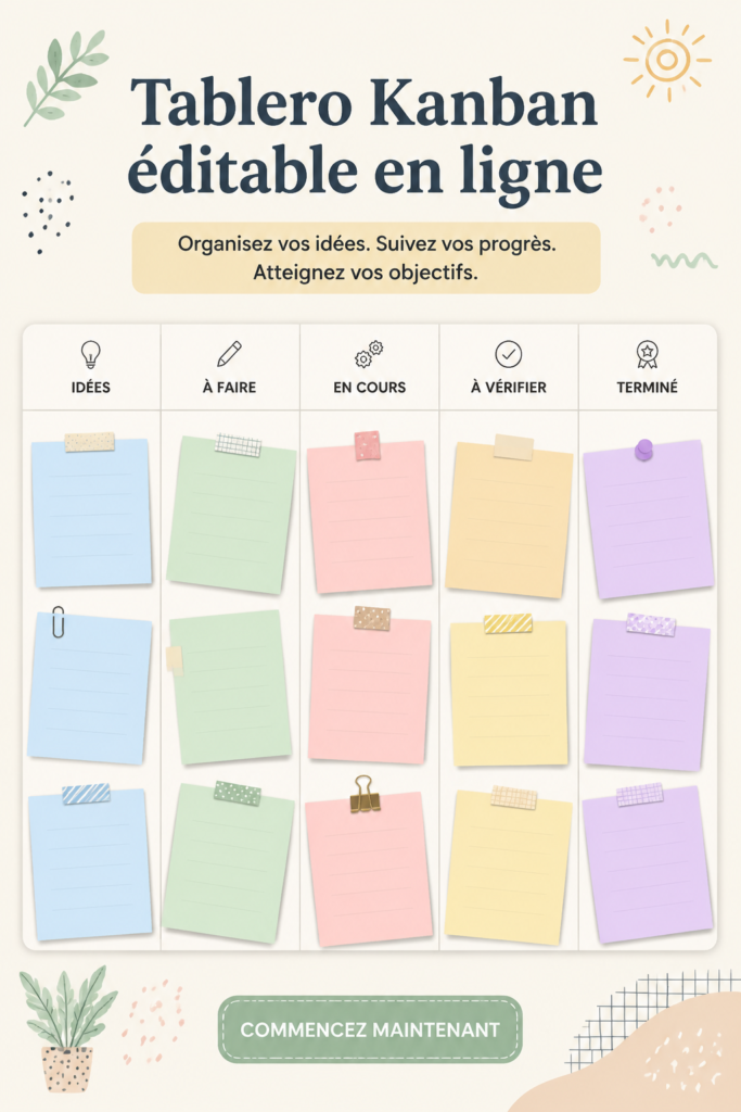 Capture d'écran d'un tablero Kanban en ligne avec des tâches organisées.