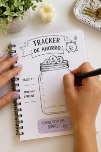 Une femme utilisant un tracker d'épargne sur un ordinateur portable, entourée d'un carnet et d'un café.
