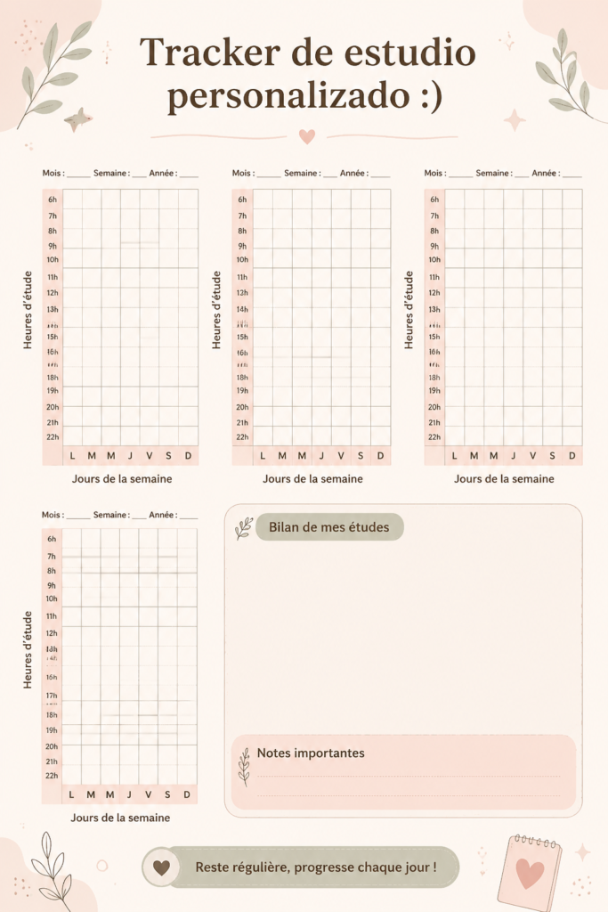 Une femme travaille sur son tracker d'étude personnalisé, entourée de livres et de notes.