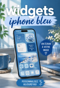 Un iPhone affichant des widgets de couleur bleue sur son écran d'accueil, illustrant la personnalisation moderne.