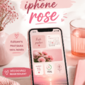 Un iPhone avec des widgets roses personnalisés sur l'écran d'accueil.