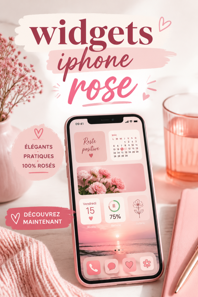 Un iPhone avec des widgets roses personnalisés sur l'écran d'accueil.